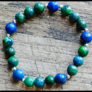 Truth + Wisdom Azurite Lapis Lazuli Crystal Bead Bracelet Blue Silver Green